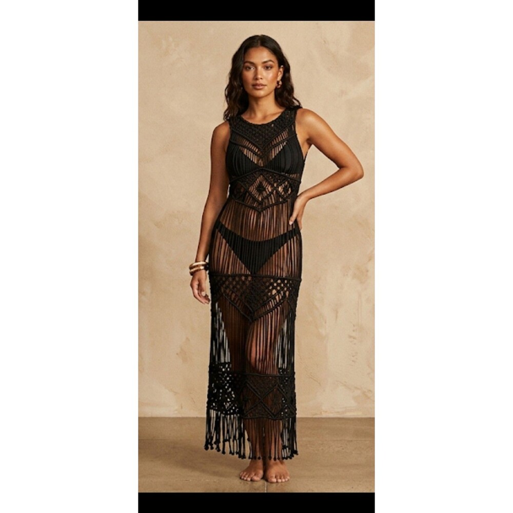 2012 VTG Rare Kardashian Kollection Black Macramé Maxi 100% Cotton Cover-Up Sz M